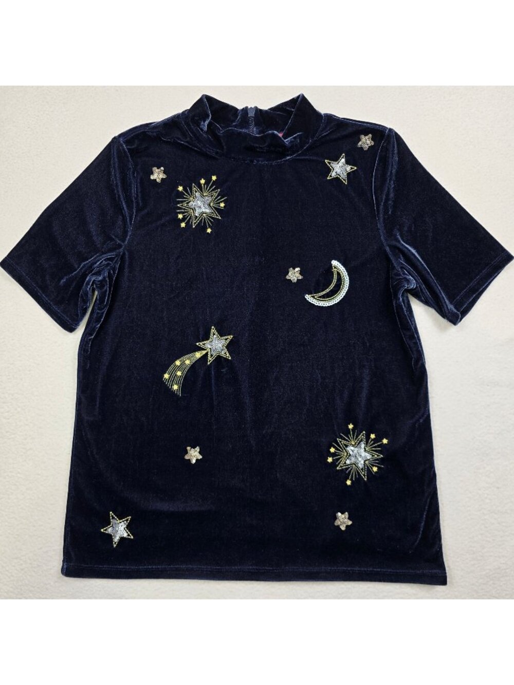 Boden 13-14Y Girls Velvet Navy Star Moon Celestial Embroidered Sequin Top